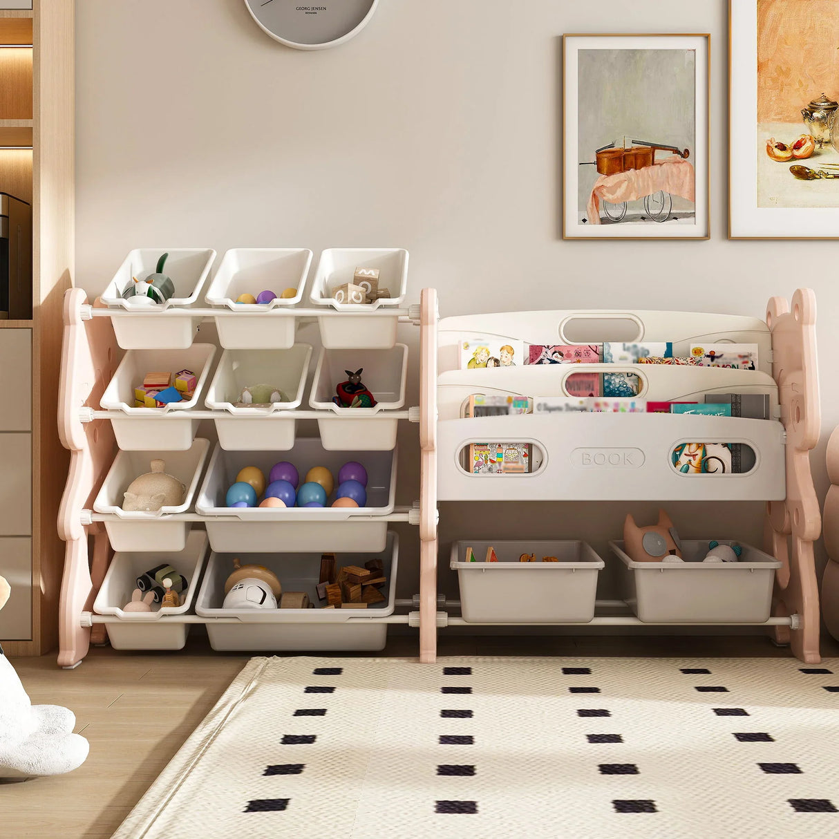 Kids Toy Storage Organizer With 2 Tier Bookshelf, Toy Storage With 12 Bins - Furniture Home Direct