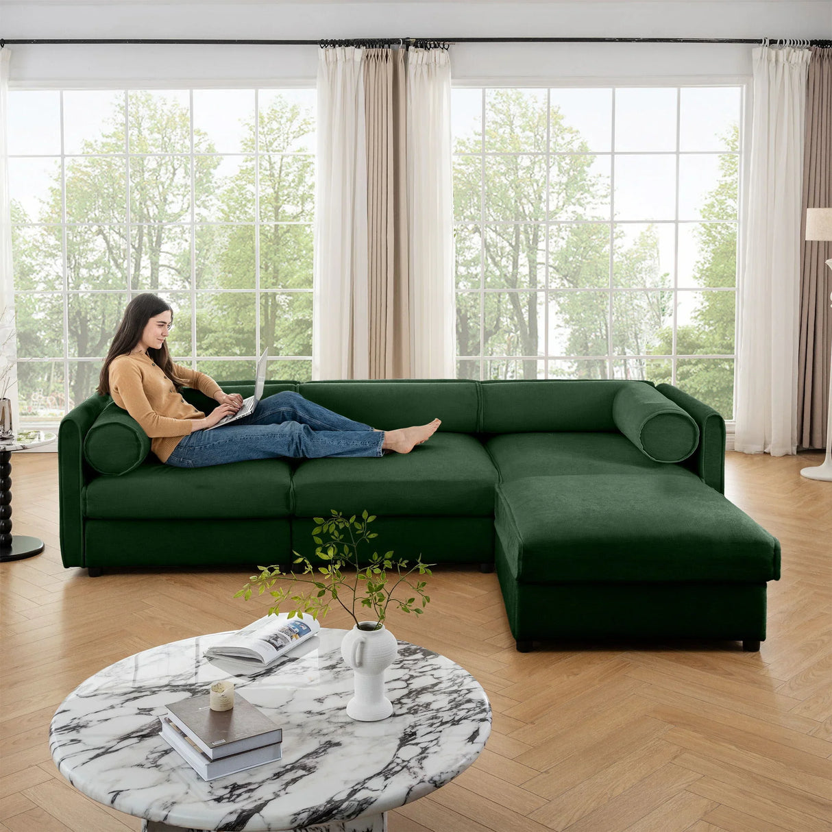 Contemporary Elegant White Chenille Sofa With Storage And Ottoman - Furniture Home Direct