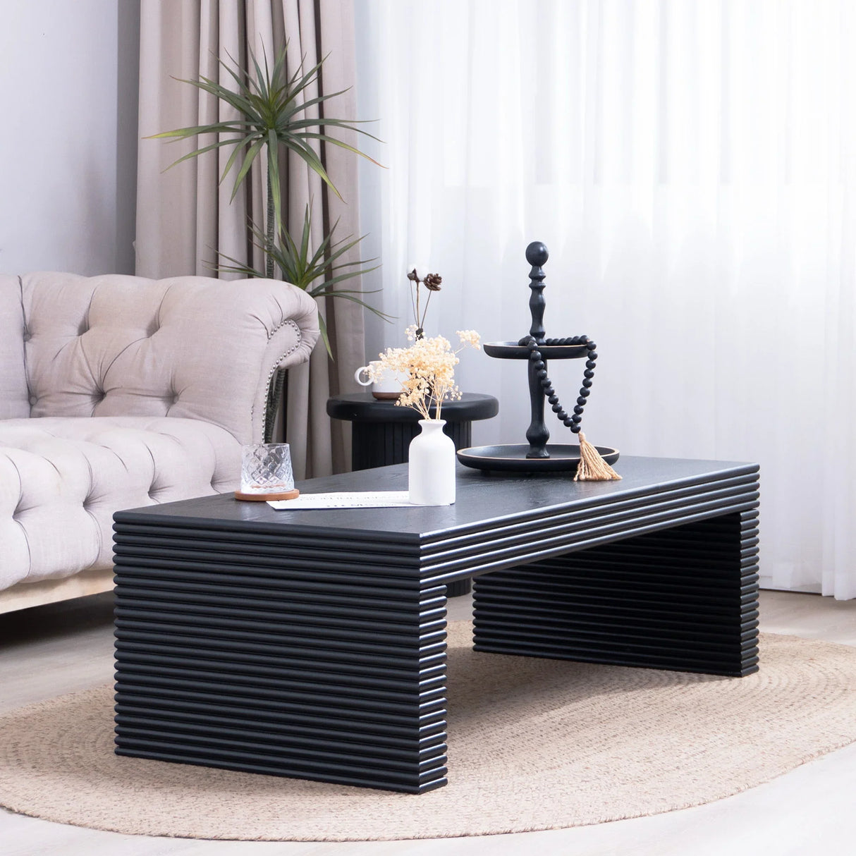 Modern Ribbed Coffee Table, Rectangular Low Profile Center Table For Living Room - Black - Furniture Home Direct