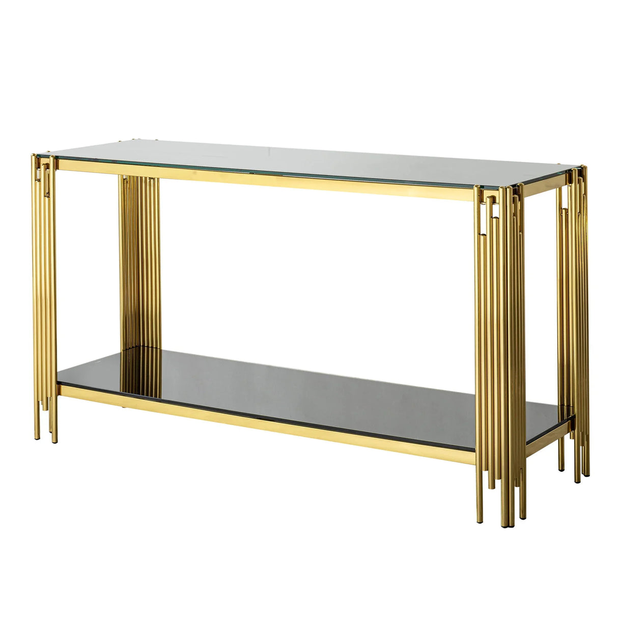 Modern Glass Top Mirror Stainless Steel Console Table For Living Room, Tempered Glass - Black / Gold - Furniture Home Direct