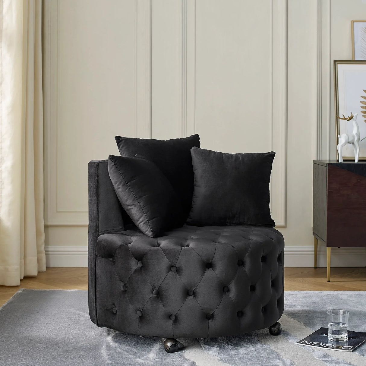 Modern Upholstered Swivel Chair With Button Tufted Design And Movable Wheels - Furniture Home Direct