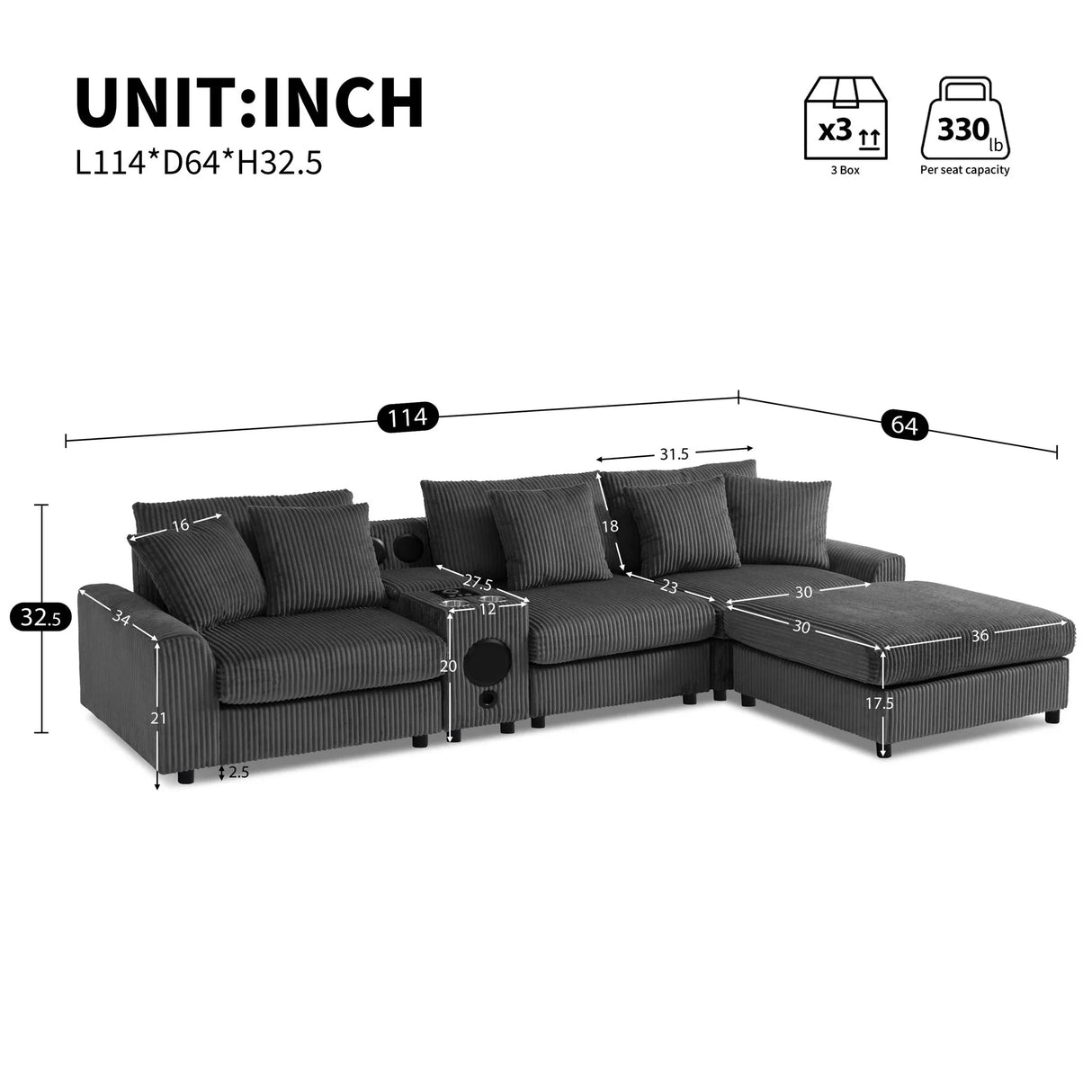 Sectional With Bluetooth Speakers L Shaped Couch With Console USB Charger, Cup Holders Storage Ottoman Deep And Wide Seat Cloud Sofa - Furniture Home Direct