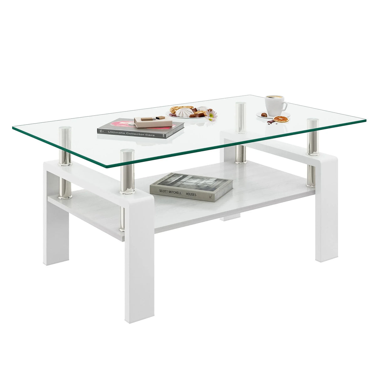 Modern Rectangular Coffee Table With Tempered Transparent Glass Top And Storage Shelf - Furniture Home Direct