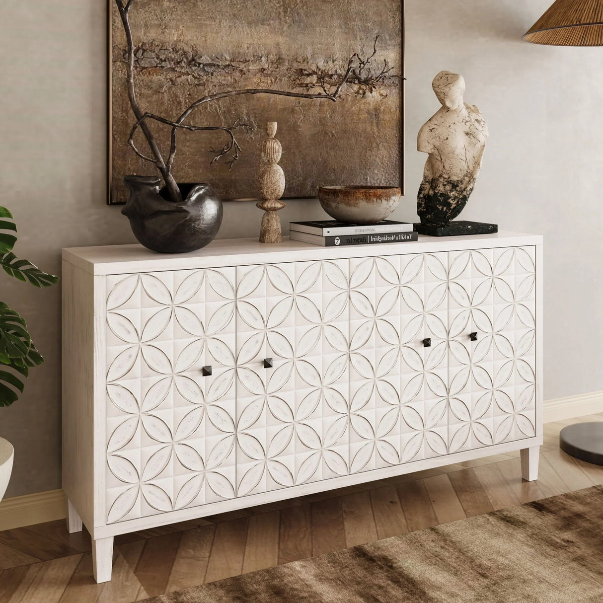 Accent Cabinet 4 Door Wooden Cabinet Sideboard Buffet Server Cabinet Storage Cabinet, For Living Room, Entryway, Hallway, Office, Kitchen And Dining Room - White Wash - Furniture Home Direct