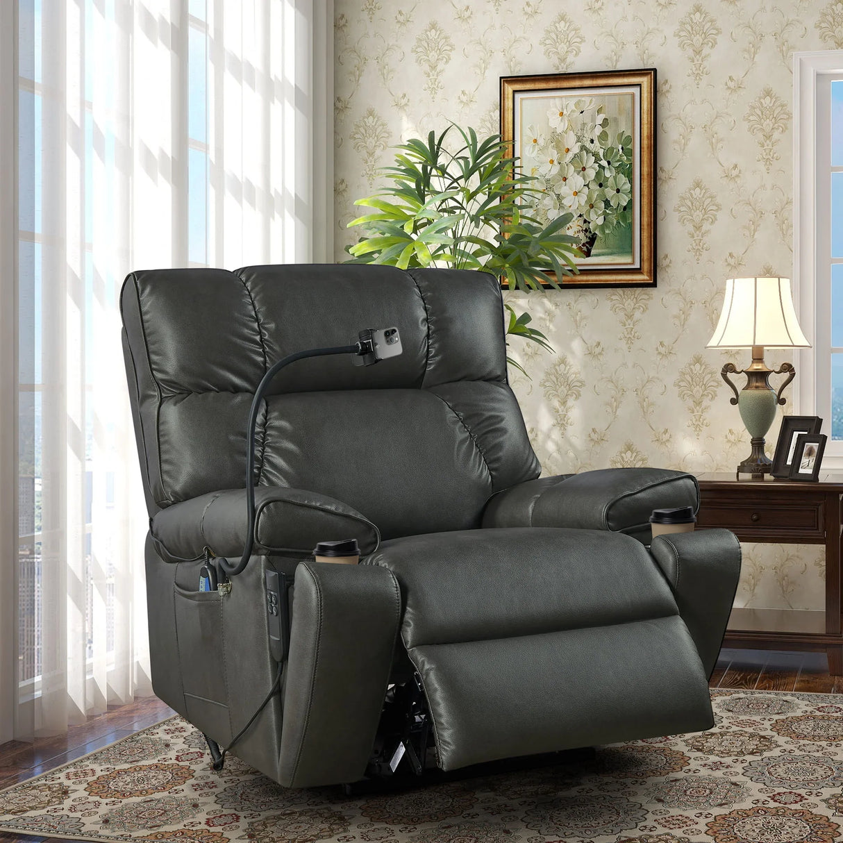 Recliner Chair With Phone Holder, Electric Power Lift Recliner Chair With 2 Motors Massage And Heat For Elderly, 3 Positions, 2 Side Pockets, Cup Holders - Furniture Home Direct