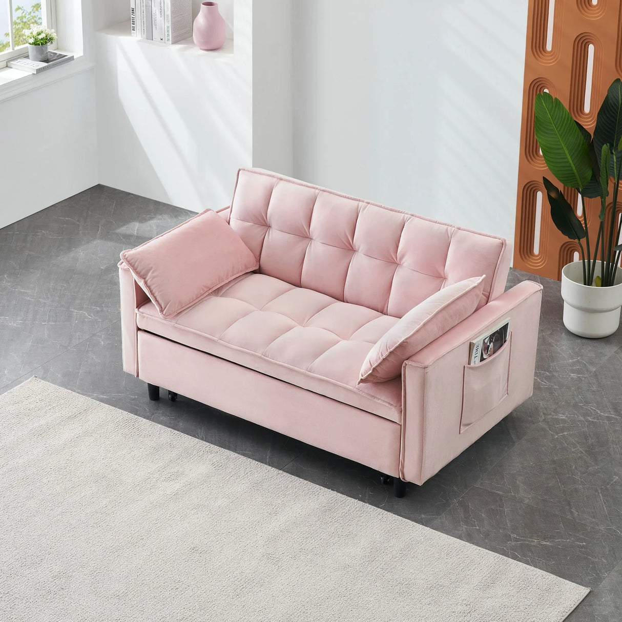 Modern Velvet Sofa, Sofa Pull-Out Bed, Small Love Seat Casual Sofa With Back, With Pillow, Pockets, Living Room Furniture, 3 In 1 Convertible Sleep Sofa Bed - Furniture Home Direct