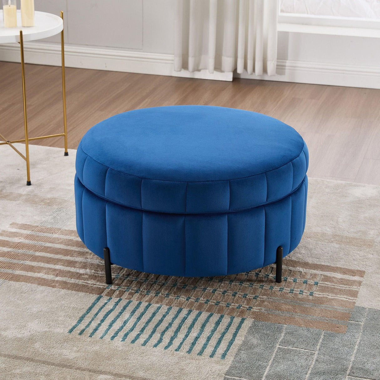Upholstered Round Ottoman With Reversible Lid, Channel Tufted Pumpkin Shape - Furniture Home Direct