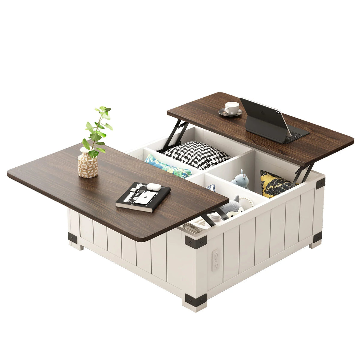 Farmhouse Style Lift Top Coffee Table With Storage And Charging Station - White Wood - Furniture Home Direct