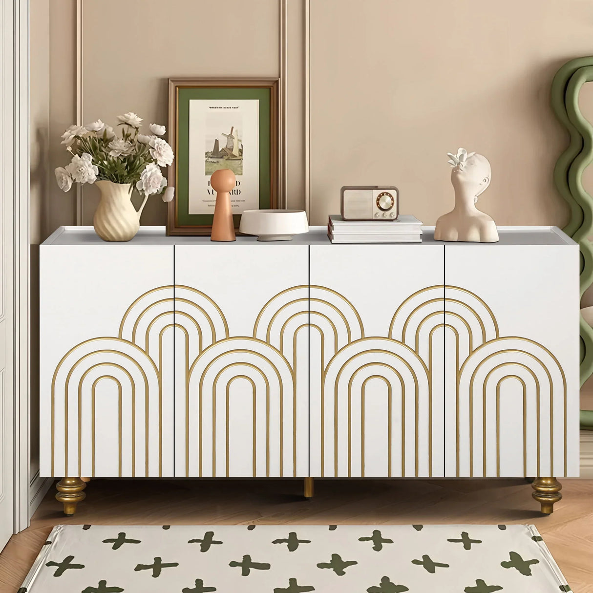 Modern Fluted Sideboard Buffet With Storage, Curve Element, 4 Doors With Adjustable Shelves - Furniture Home Direct