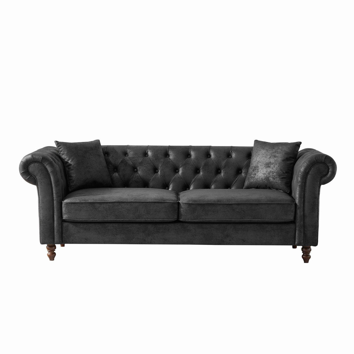Chesterfield Sofa, High Tech Fabric Roll Armrest, 3 Seater Mid Century Modern Couch - Black - Furniture Home Direct