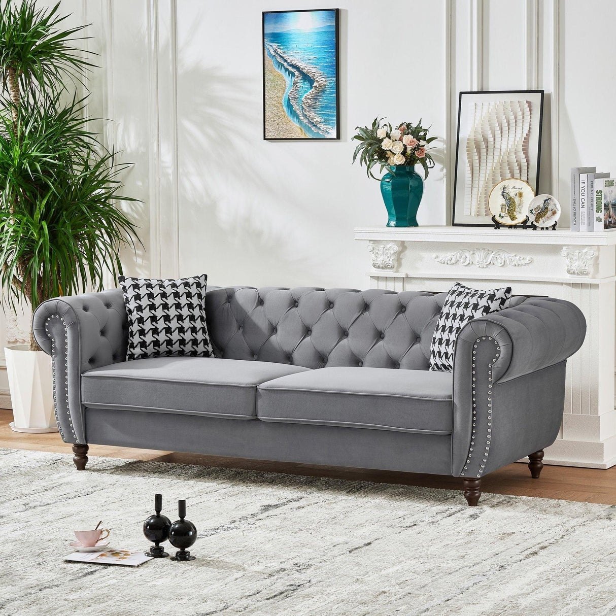 Chesterfield Velvet Upholstery Fabric Sofa With Roll Armrest & Nailhead - Furniture Home Direct