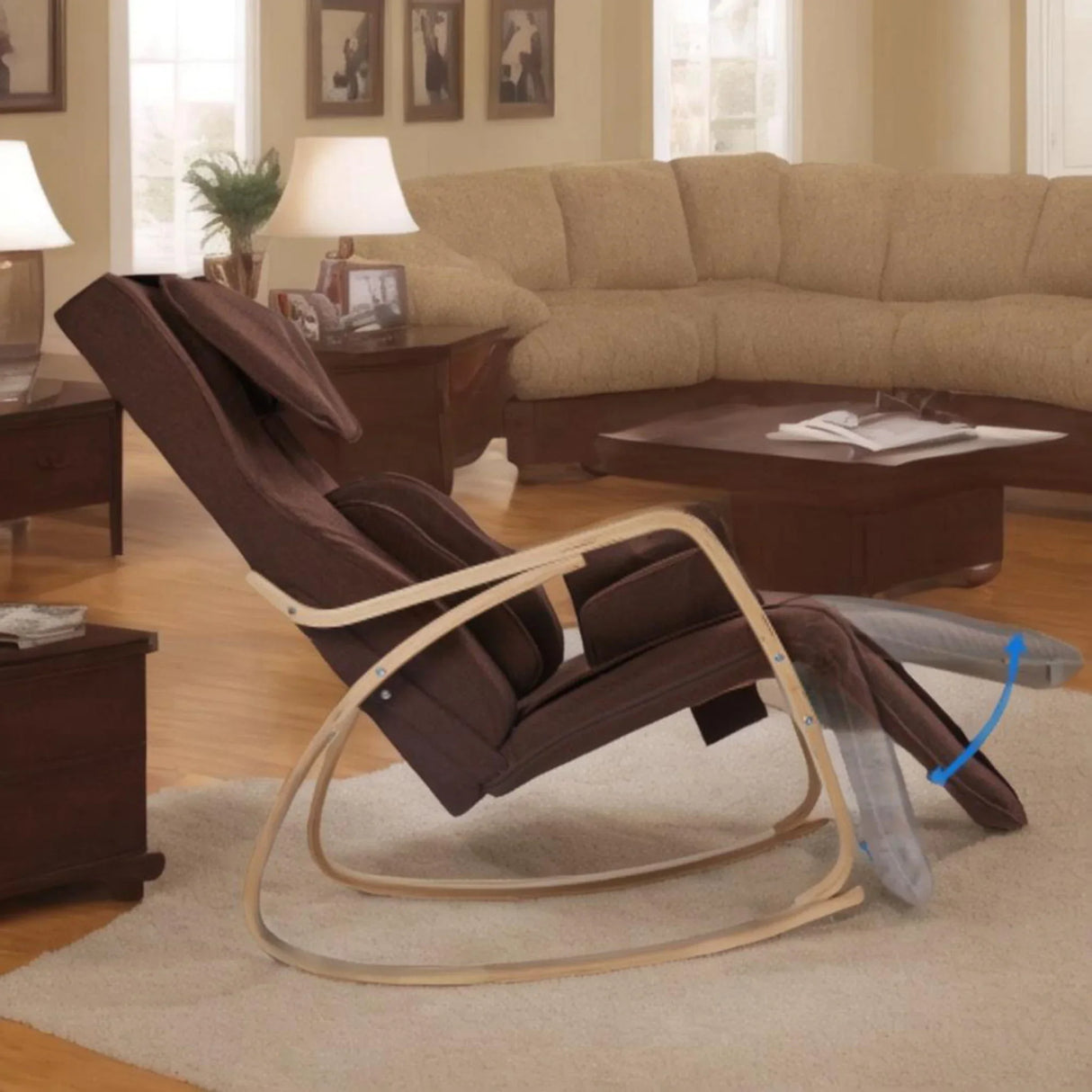 Comfortable Relax Rocking Chair With Full Massage Function Cotton Fabric Air Pressure - Brown - Furniture Home Direct
