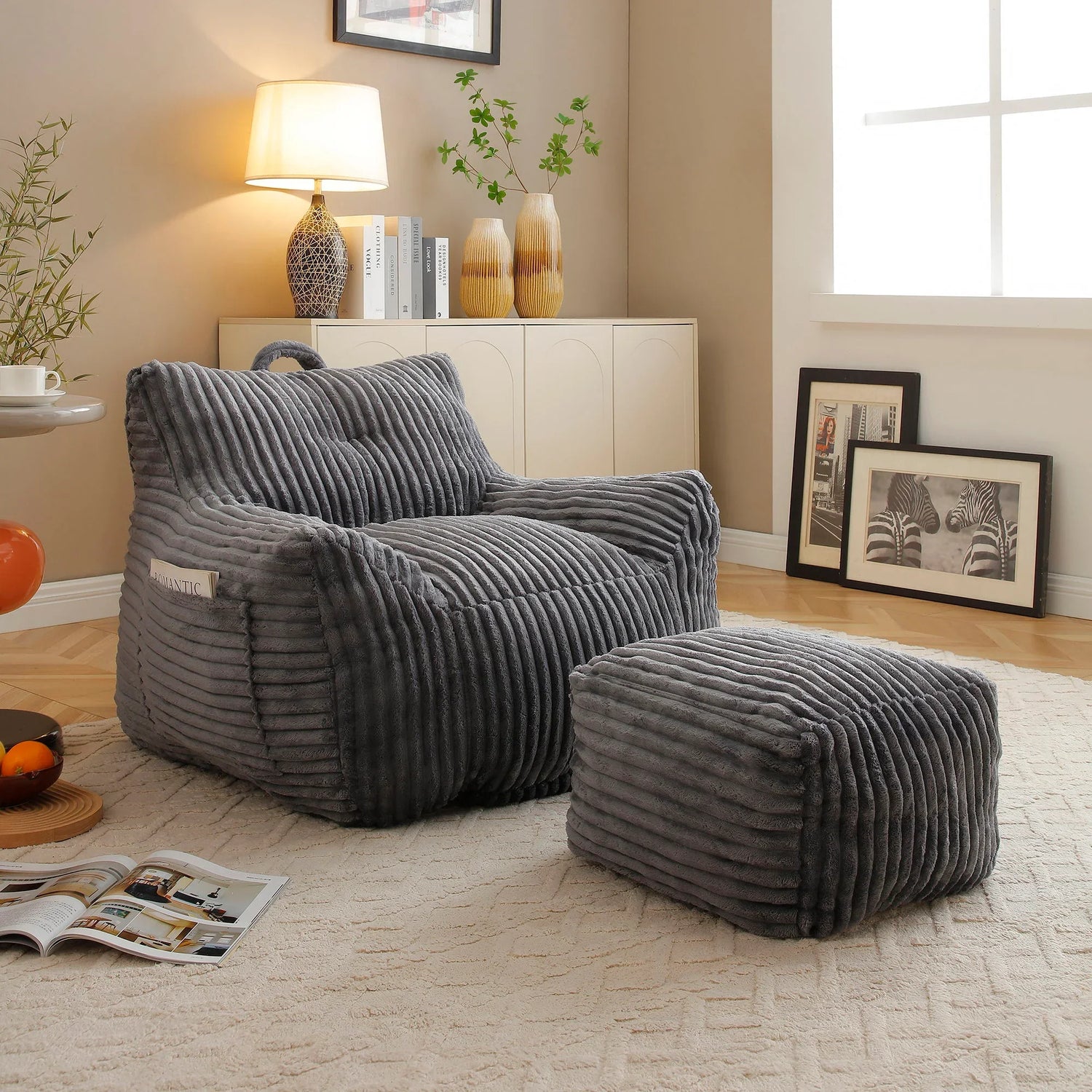Giant Plush Bean Bag Chair With Armrests And Footstool - Furniture Home Direct