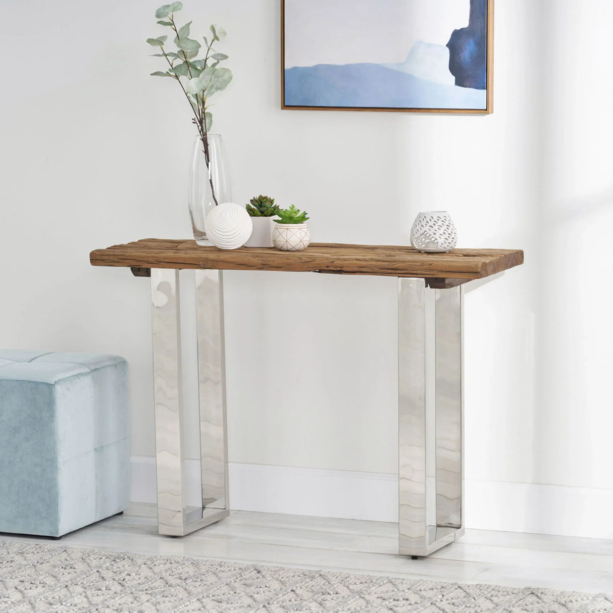 Rustic Glam Console Table With Reclaimed Wood And Iron Frame - Natural - Furniture Home Direct