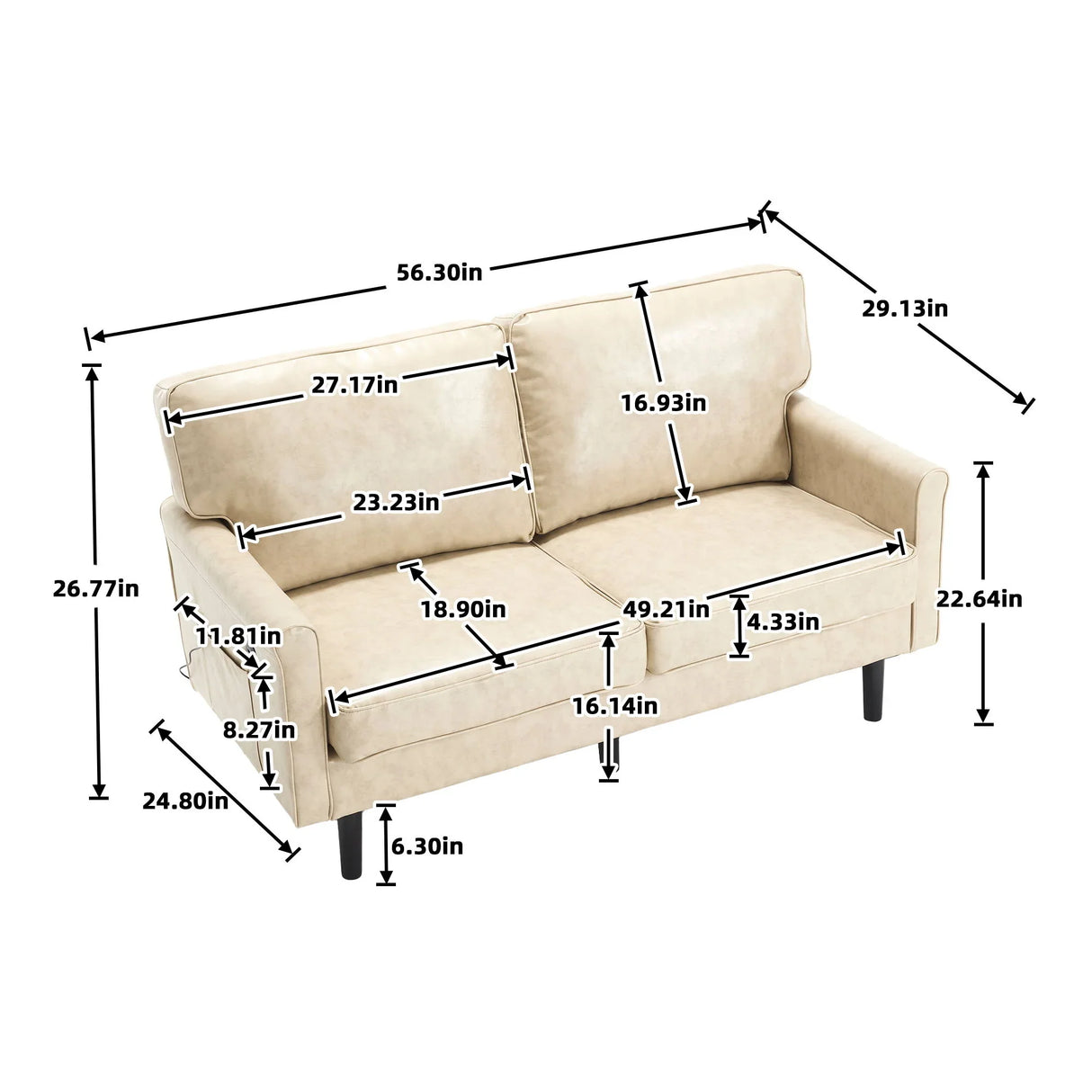 Mid Century Modern Loveseat Sofa With USB Ports, Removable Pillow Cover - Furniture Home Direct