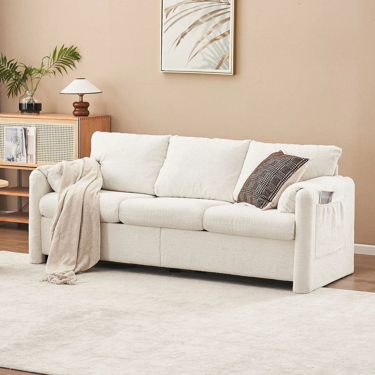 Modern 3 Seater Sofa Chenille Couch Plush Triple Seater Sofa With High Density Foam Cushions, Deep Seat Living Room Couch For Family Room, Apartment & Home Theater - Ivory White - Furniture Home Direct