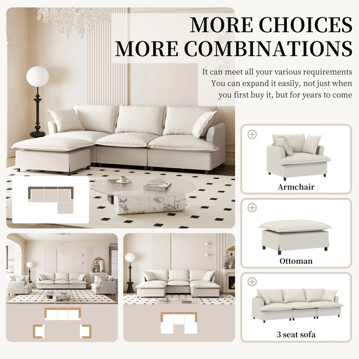 Sectional Sofa With Ottoman Cloud Couch Set With Throw Pillows, Free Combination - Furniture Home Direct