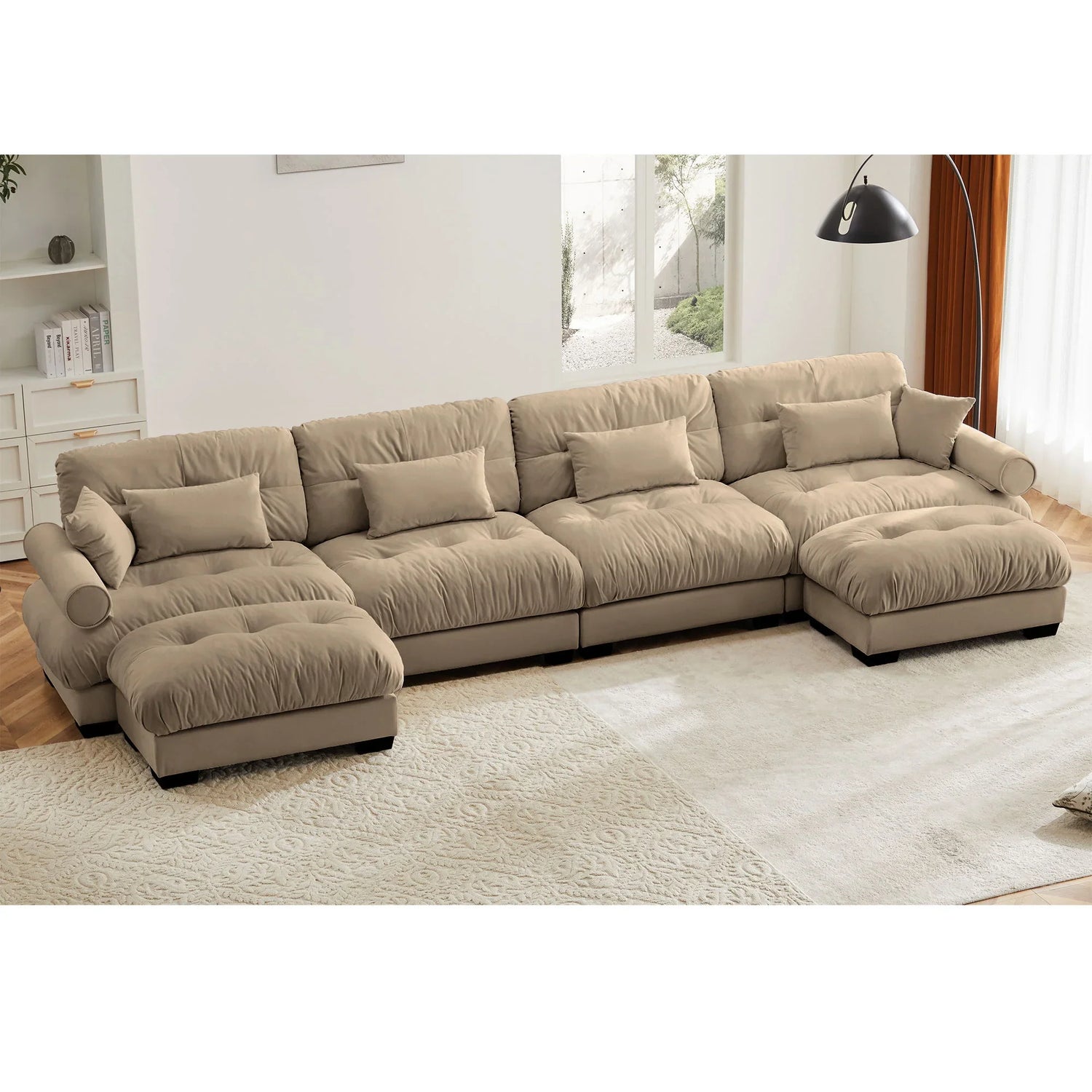 Modern Sectional Sofa With Ottoman, Round Bolster Armrests, Waist And Throw Pillows - Furniture Home Direct