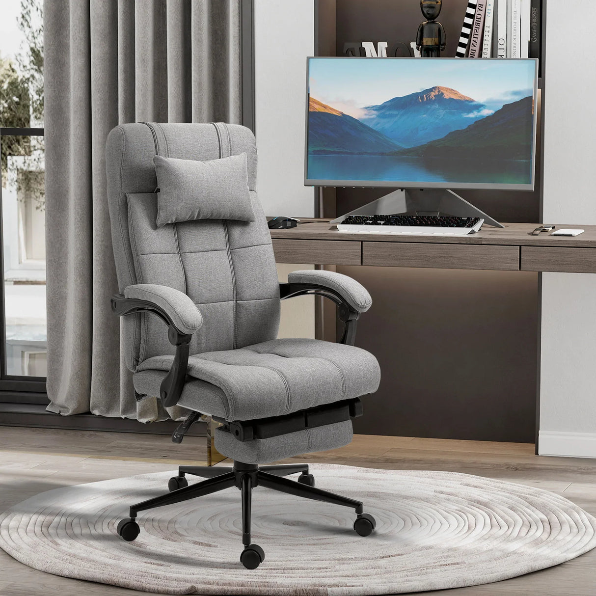 Vinsetto - Executive Linen-Feel Fabric Office Chair High Back Swivel Task Chair With Adjustable Height Upholstered Retractable Footrest, Headrest And Padded Armrest - Light Gray - Furniture Home Direct