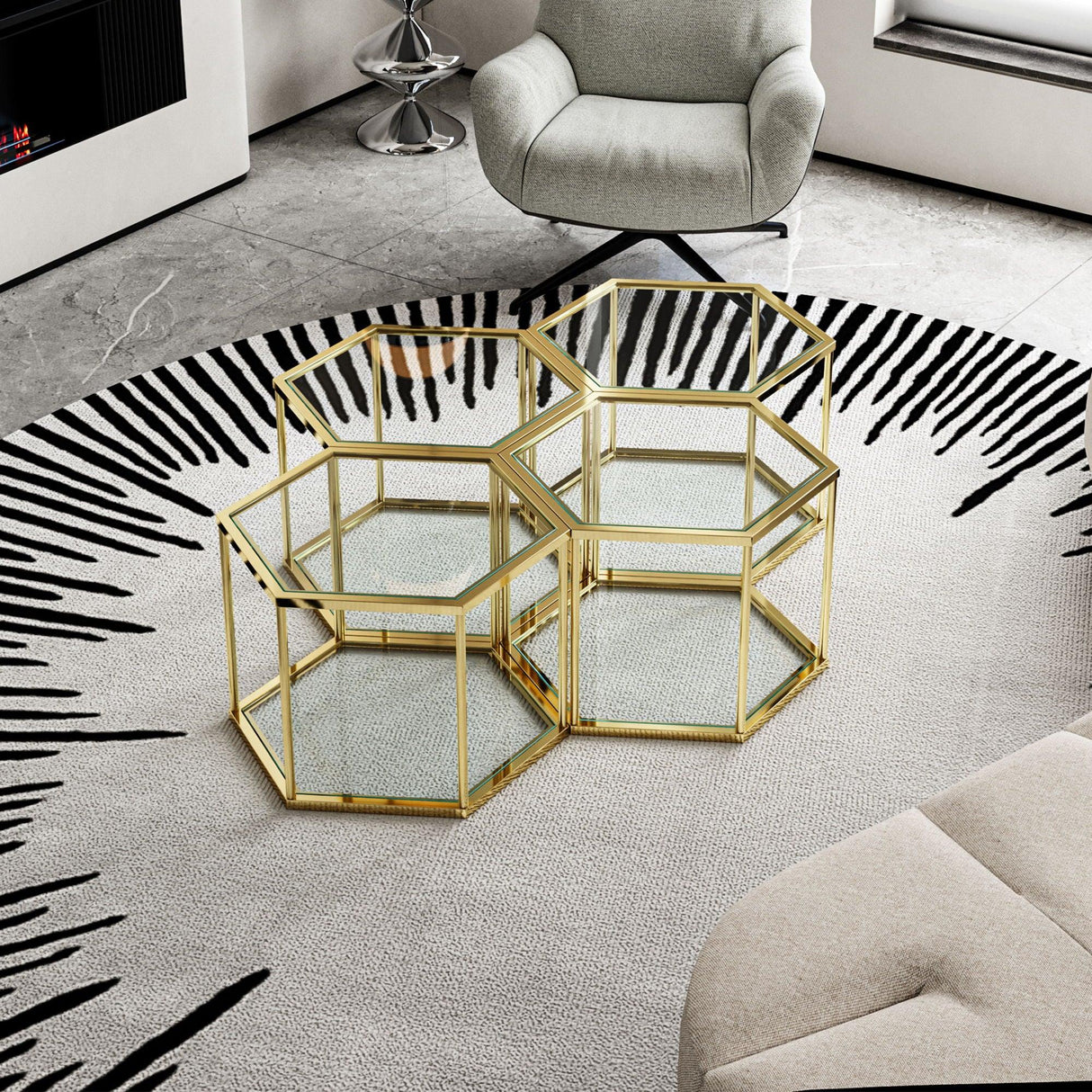 Modern Coffee Table With Double Layer Tempered Glass And Polygonal Design - Furniture Home Direct