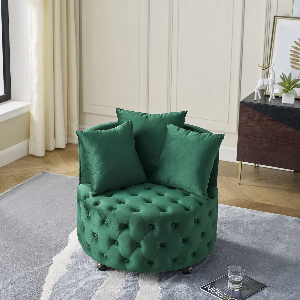 Modern Upholstered Swivel Chair With Button Tufted Design And Movable Wheels - Furniture Home Direct