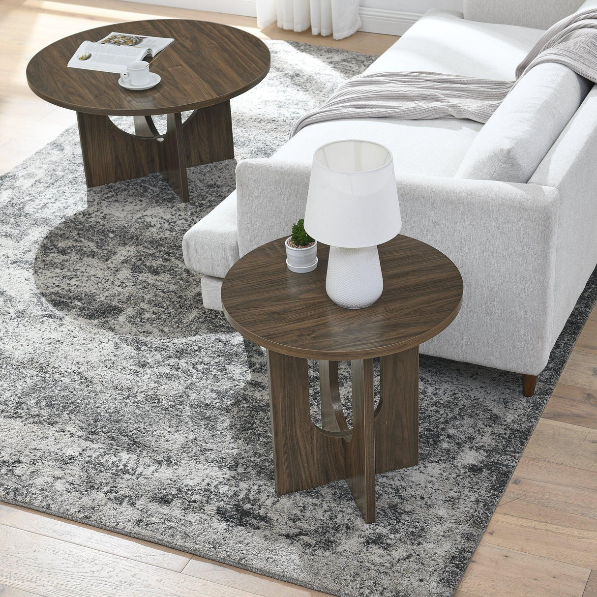 Round Side Table With X Leg Base MDF Finish Natural Walnut - Furniture Home Direct