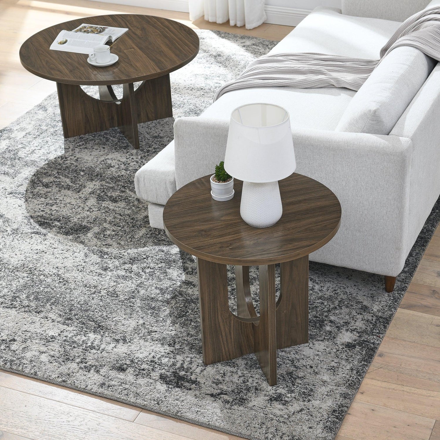 Round Side Table With X Leg Base MDF Finish Natural Walnut - Furniture Home Direct