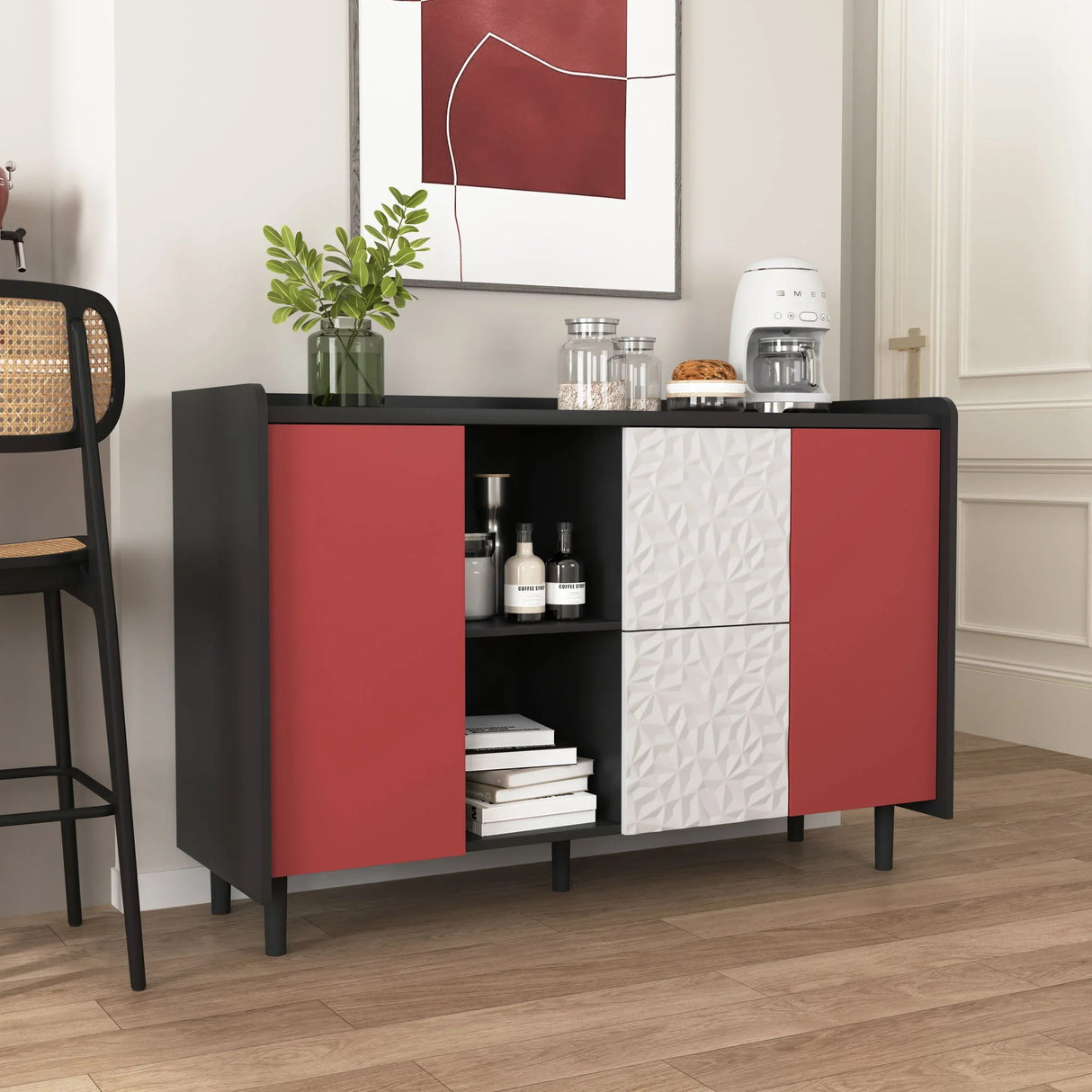Modern Sideboard Buffet Cabinet With Red Doors And Unique Panel Styling - Furniture Home Direct