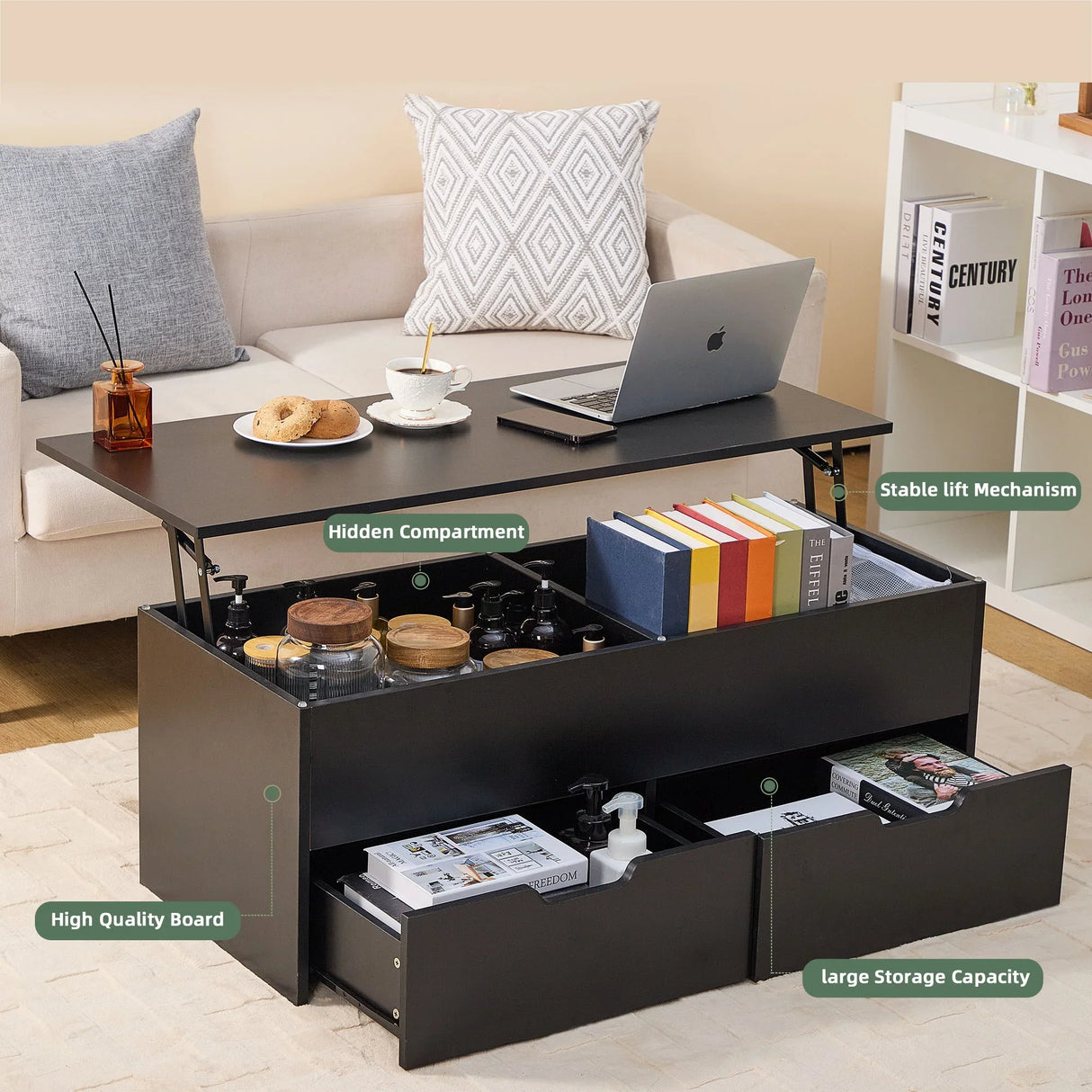 Lift-Top Coffee Table With Storage Center Tables Hidden Compartment & 2 Drawers, Sofa Table For Living Room - Black - Furniture Home Direct