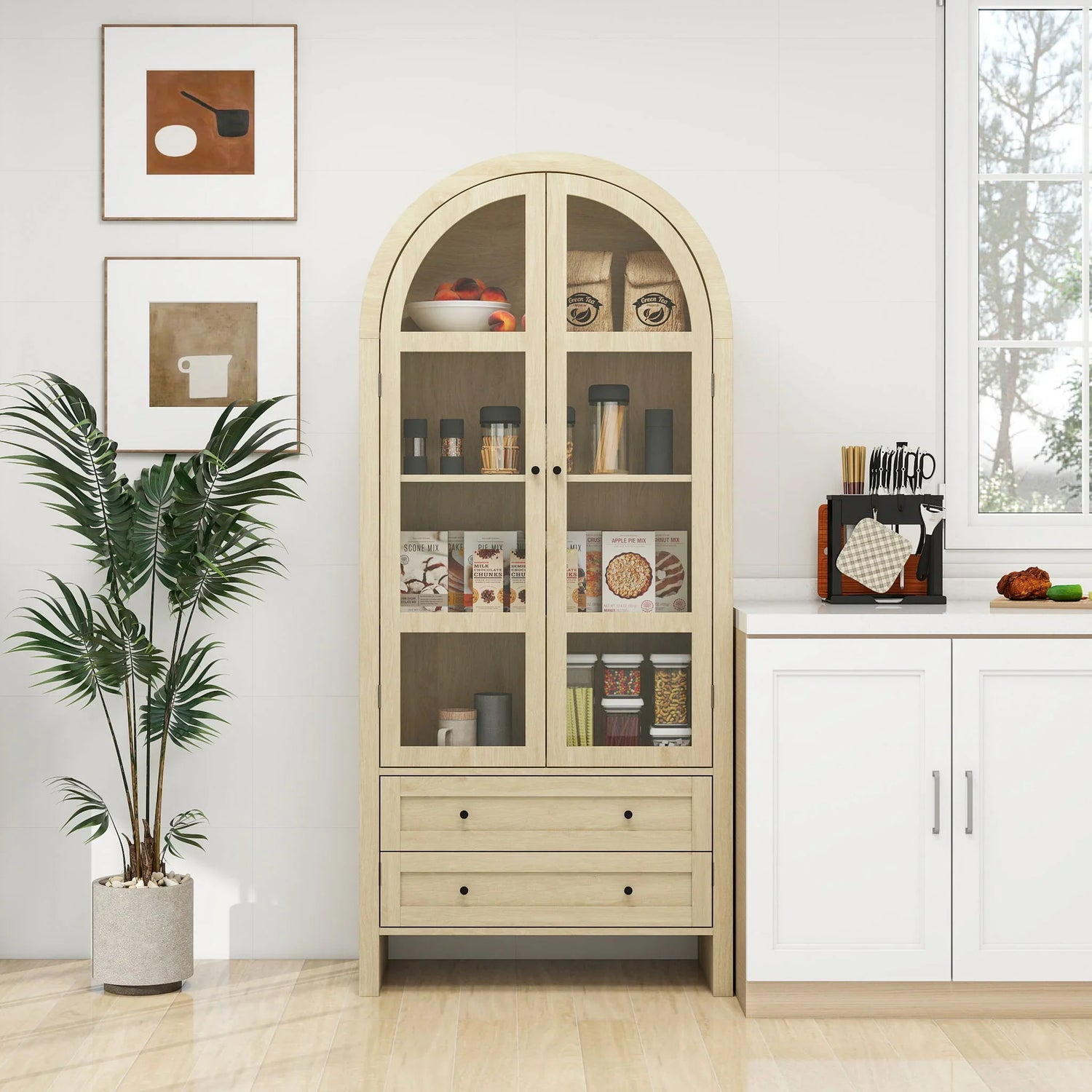 Tall Arched Kitchen Pantry, Modern Farmhouse Wood Kitchen Storage Cabinets, Arched Storage Display Cabinet With Adjustable Shelves, Versatile Cupboard For Kitchen, Dining Room, Living Room - Natural - Furniture Home Direct