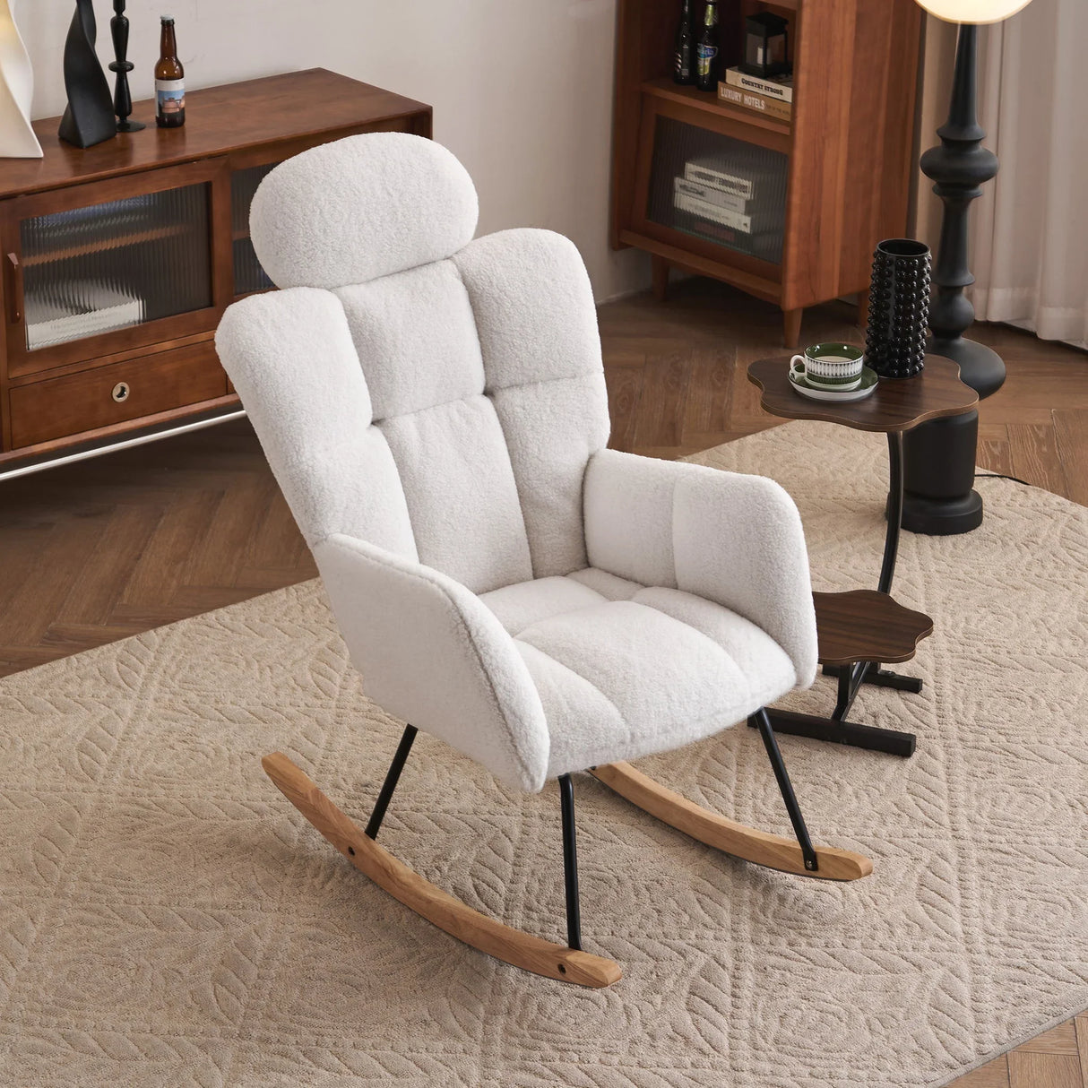 Contemporary Teddy Fabric Upholstered Nursery Rocking Glider Chair With High Backrest And Pillow - Furniture Home Direct