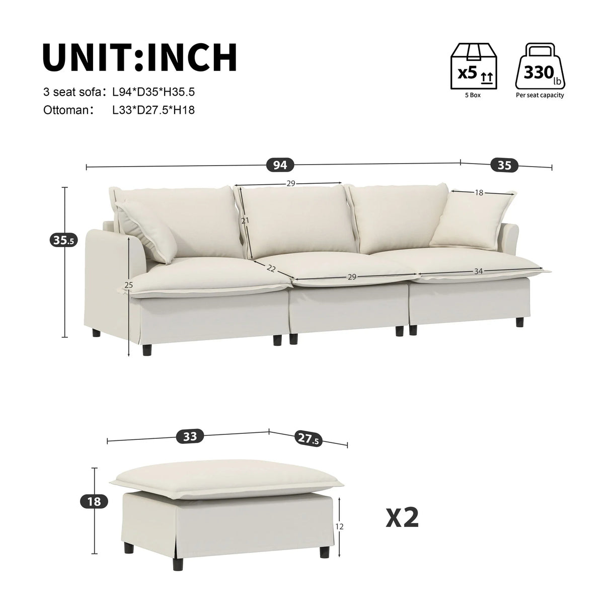 Sectional Sofa With Ottoman Cloud Couch Set With Throw Pillows, Free Combination - Furniture Home Direct