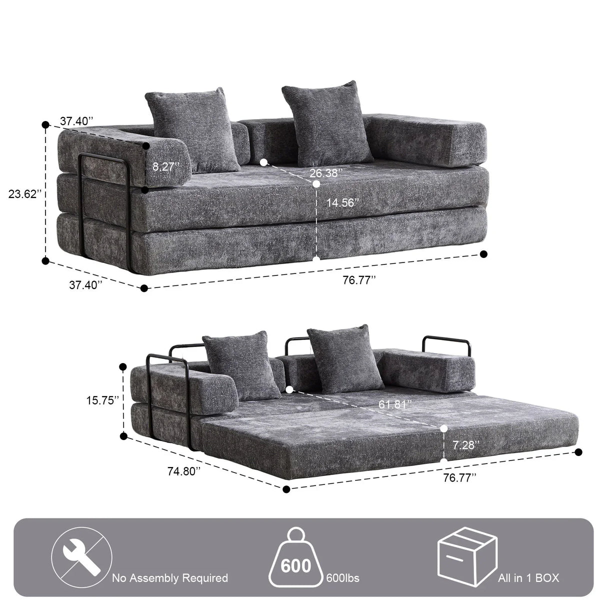 Convertible Floor Sofa Bed With Pillow Back Support Armrest - Furniture Home Direct