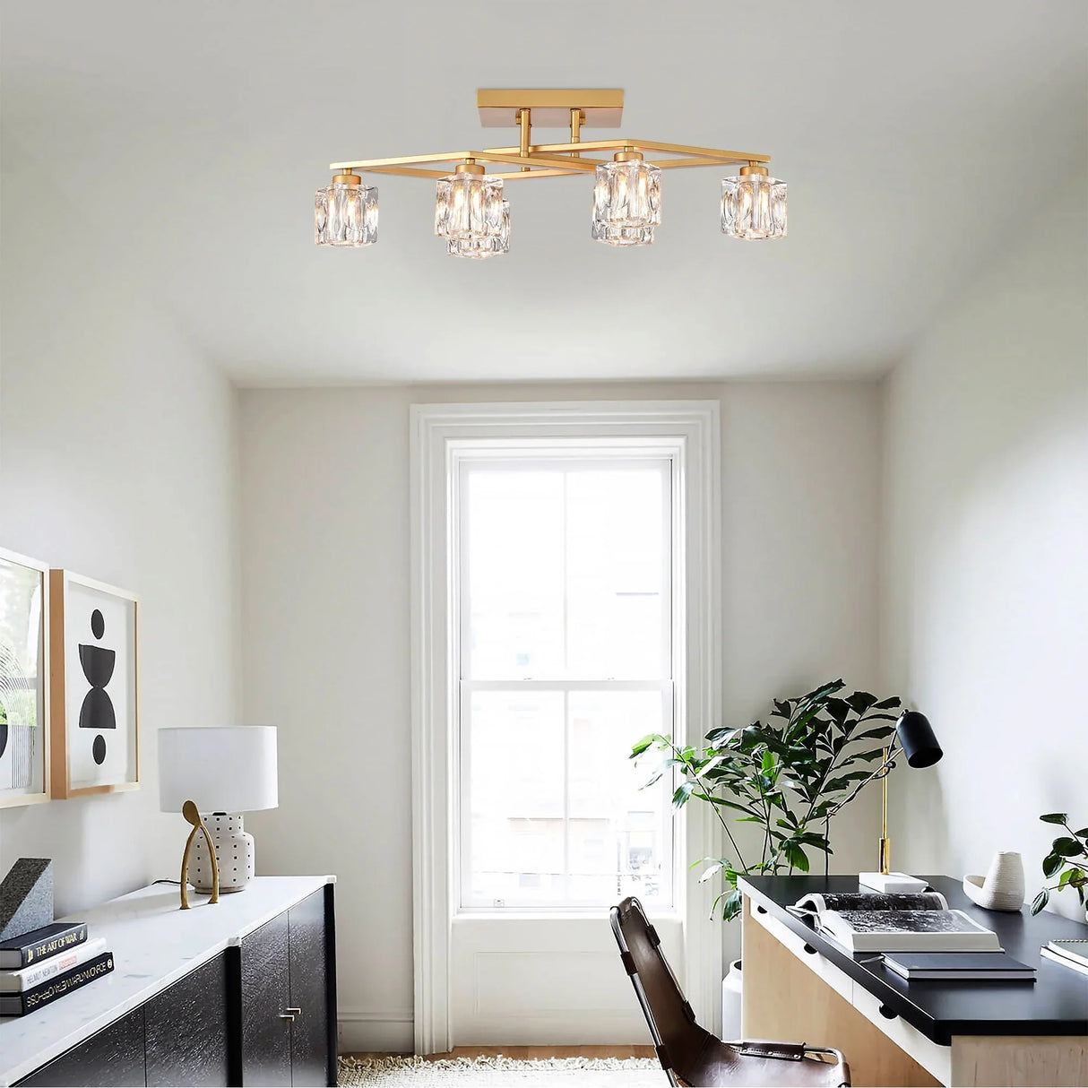 6 Light Crystal Ceiling Light For Dining Room, Modern Ceiling Lamp With Light Fixture For Entryway, Lobby, Kitchen, Bedroom, Living Room, Conference Room, (6*G9 Bulbs Included) - Furniture Home Direct