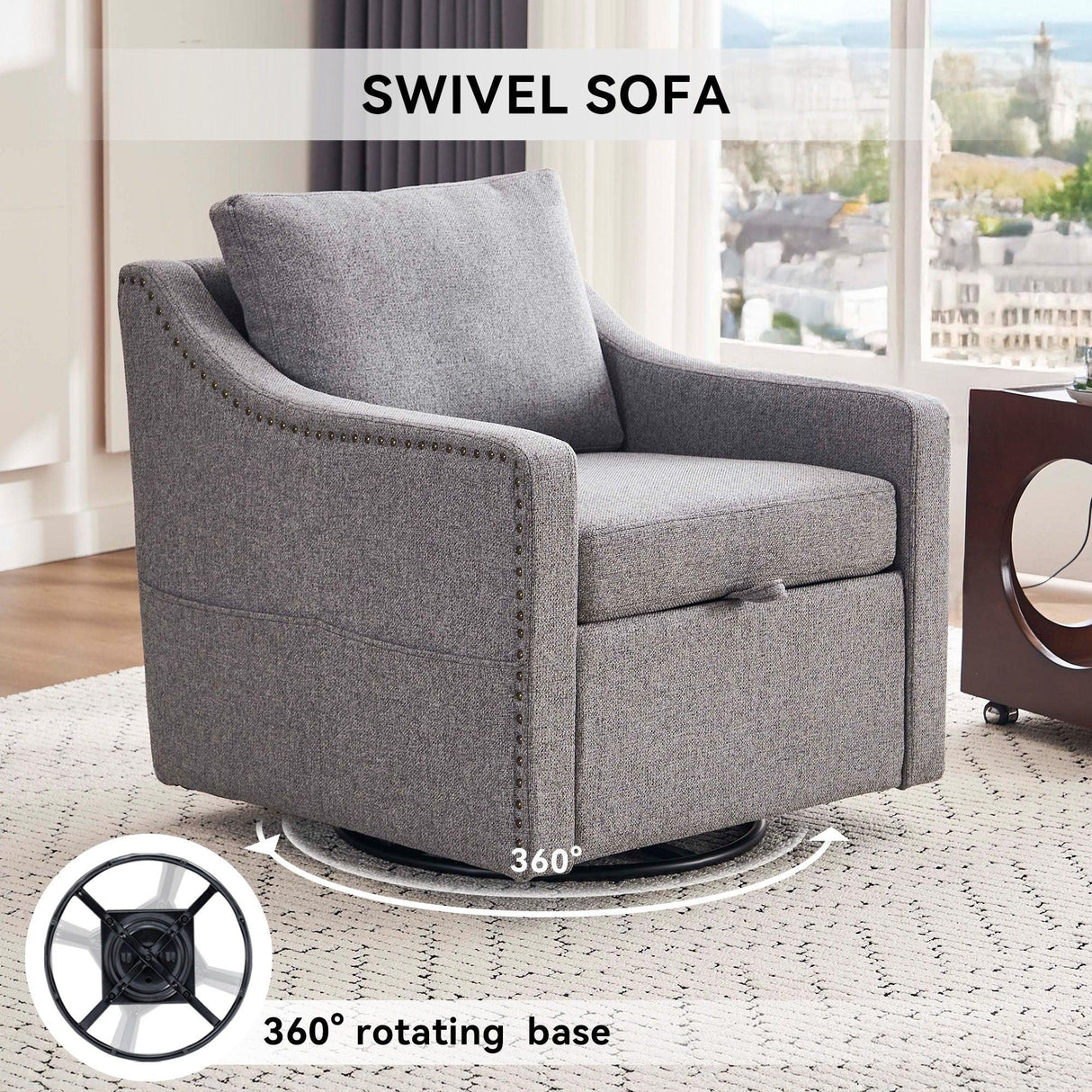 Linen Fabric 360° Swivel Accent Chair With Upholstered Back Pillow And Rivet Armrest - Furniture Home Direct