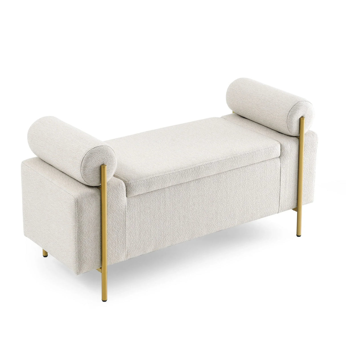 Elegant Upholstered Linen Storage Bench With Cylindrical Arms And Iron Legs, White - Furniture Home Direct