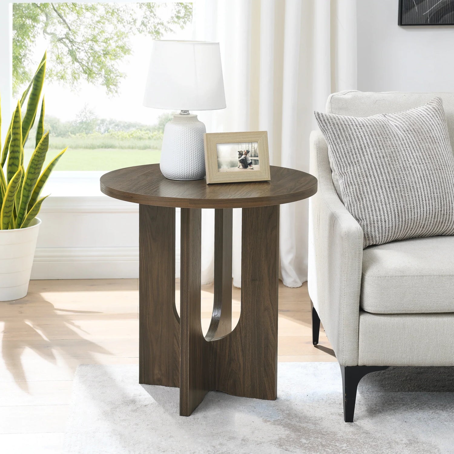 Round Side Table With X Leg Base MDF Finish Natural Walnut - Furniture Home Direct