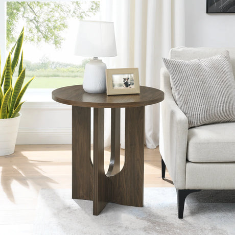 Round Side Table With X Leg Base MDF Finish Natural Walnut - Furniture Home Direct