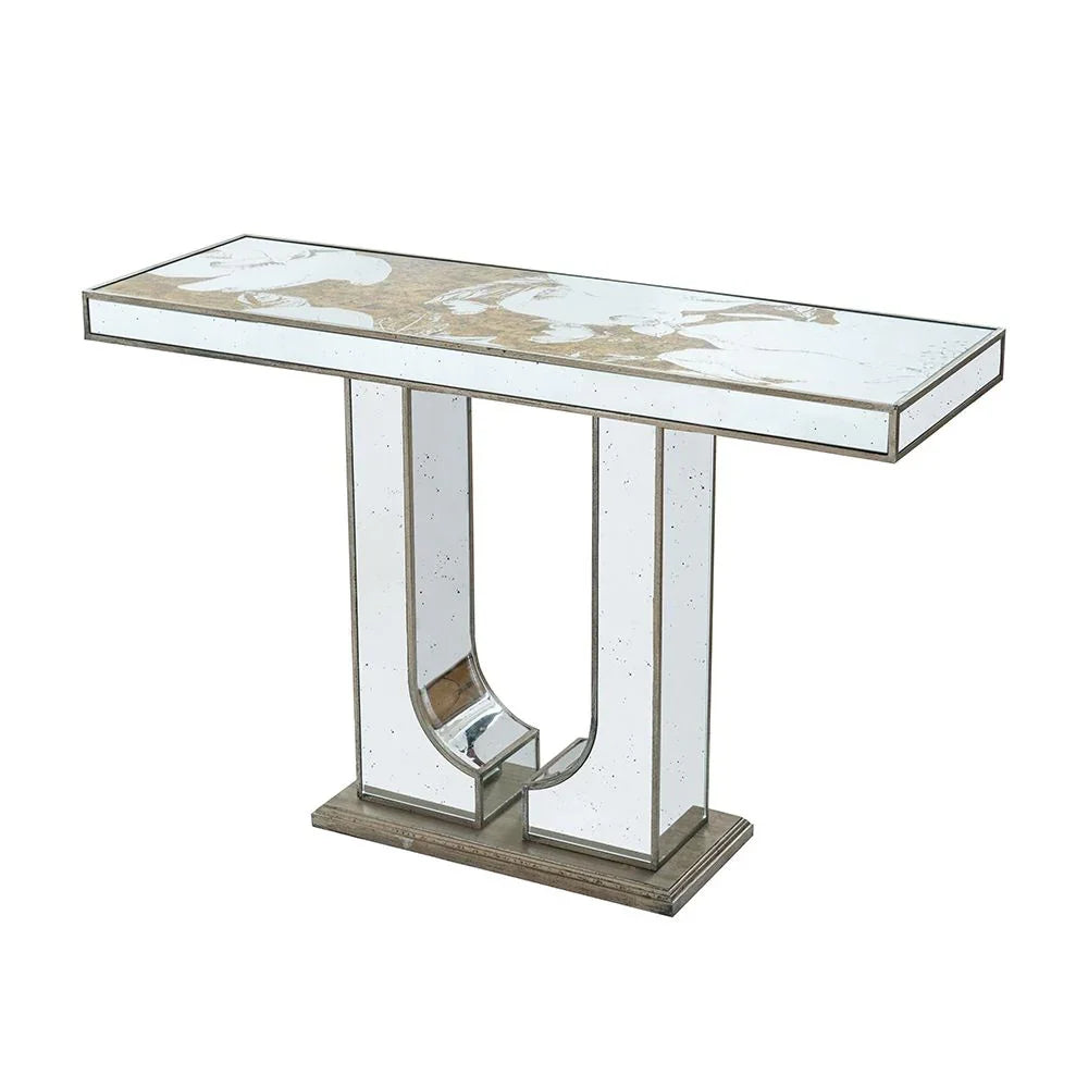 Rectangular Console Table With Elegant Floral Design And Mirrored - Silver Multi - Furniture Home Direct