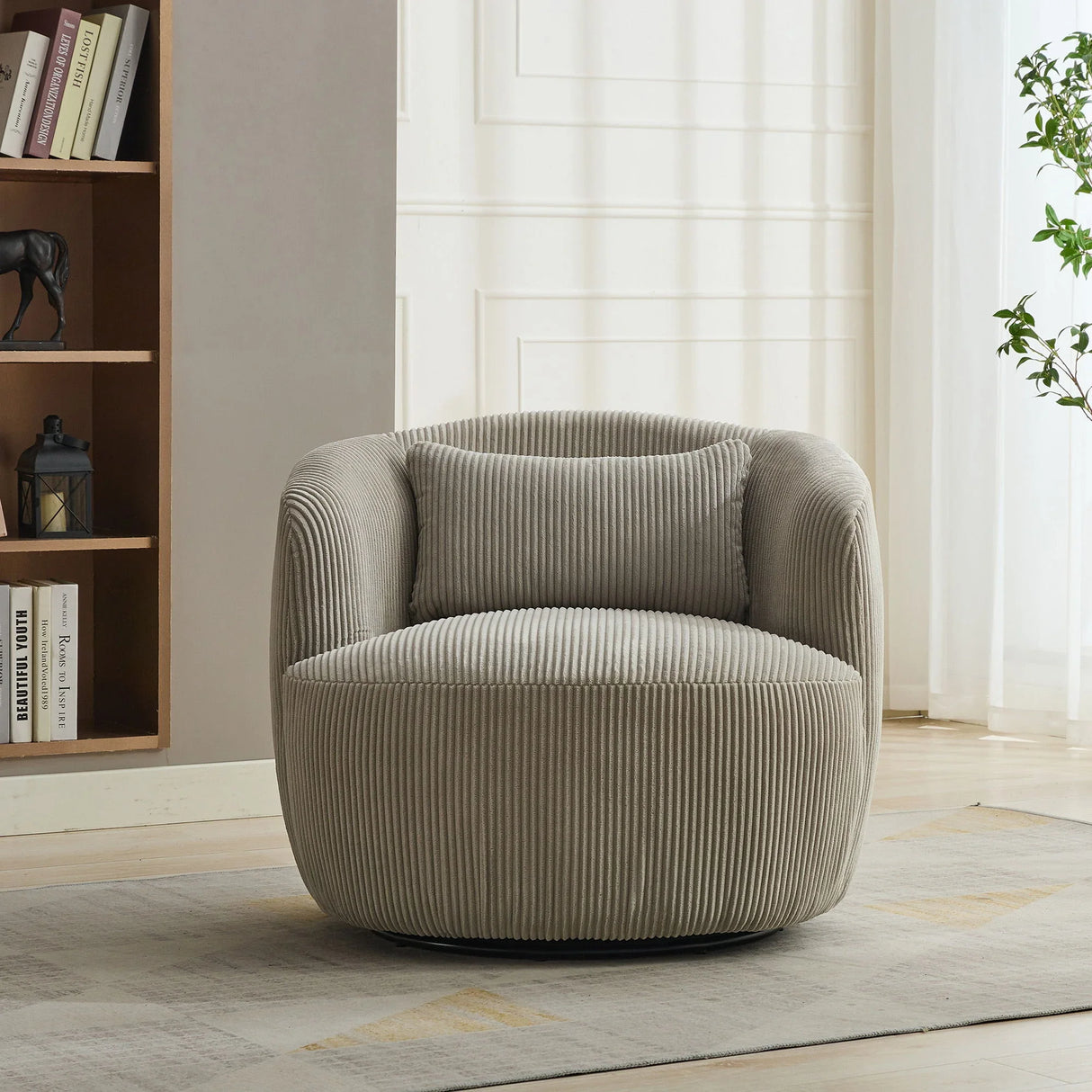Wide Upholstered Corduroy 360° Swivel Barrel Soft Chair With Pillow - Furniture Home Direct