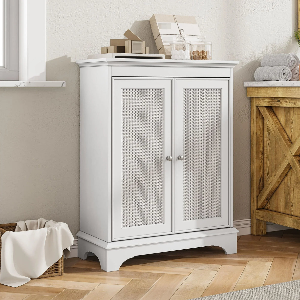 White 2 Door Rattan Storage Cabinet With Adjustable Partition, Medieval Modern Independent Buffet Cabinet, Multifunctional Decorative Cabinet Suitable For Living Room, Kitchen, Bathroom - White - Furniture Home Direct