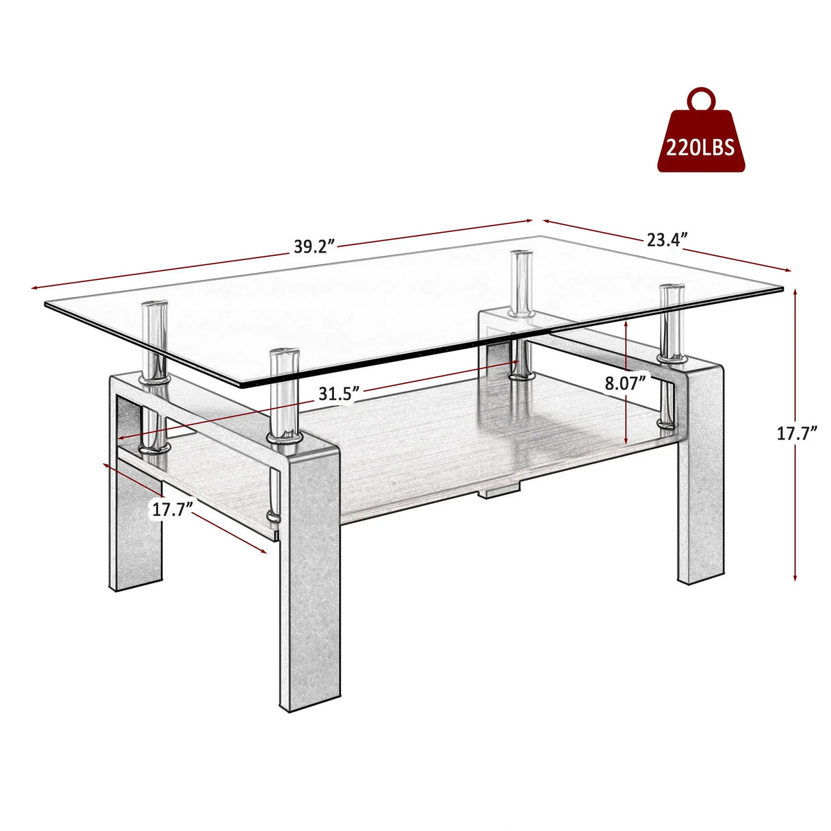 Modern Rectangular Coffee Table With Tempered Transparent Glass Top And Storage Shelf - Furniture Home Direct