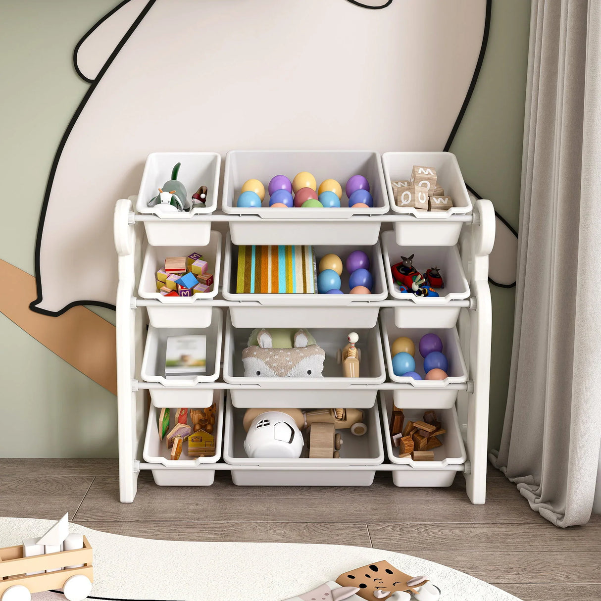 Multi Functional Kids Toy Storage Organizer Cabinet With Hdpe Shelf And 12 Bins - Gray White - Furniture Home Direct