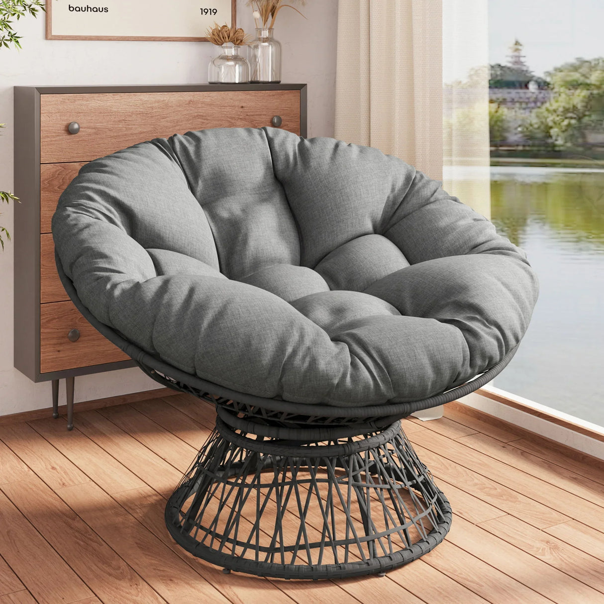Ergonomic Wicker Chair With Cloud Thick Density Cushion, 3 Proof Cover High Capacity Iron Frame Fluid 360° Swivel - Furniture Home Direct