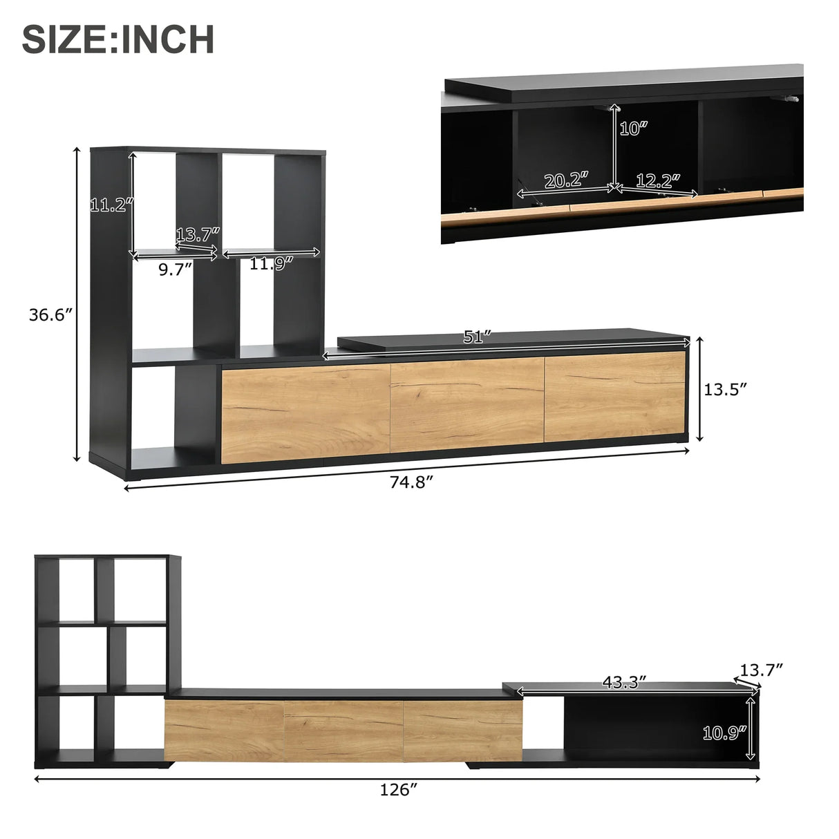 TV Stand With Open Shelves And Three Wood Drawers Black - Furniture Home Direct