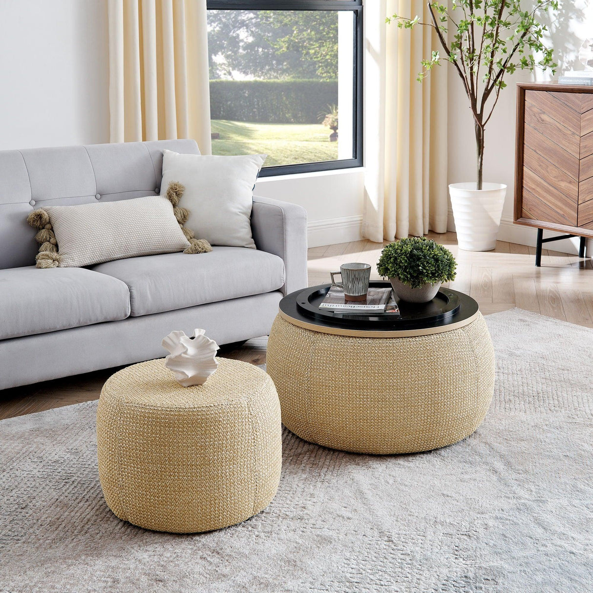Round Storage Ottoman, 2 In 1 Function, End Table And Ottoman - Furniture Home Direct