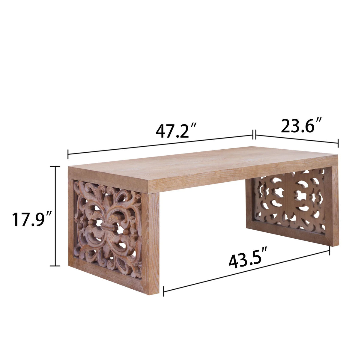 Rustic Carved Wood Coffee Table, Handcrafted Look With Ornate Side Panels - Furniture Home Direct