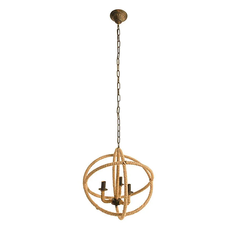 3 Light Farmhouse Chandelier, Rope Chandelier Globe Hanging Light Fixture With With Adjustable Chain For Kitchen, Bulb Not Included - Beige Brown - Furniture Home Direct