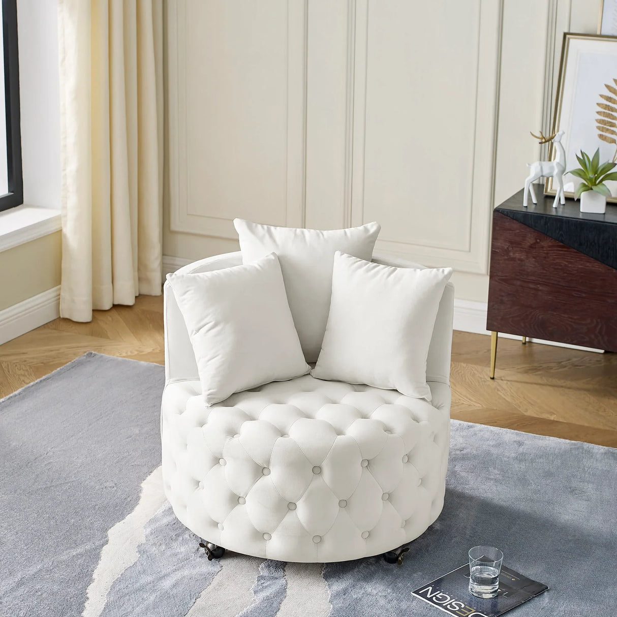 Modern Upholstered Swivel Chair With Button Tufted Design And Movable Wheels - Furniture Home Direct