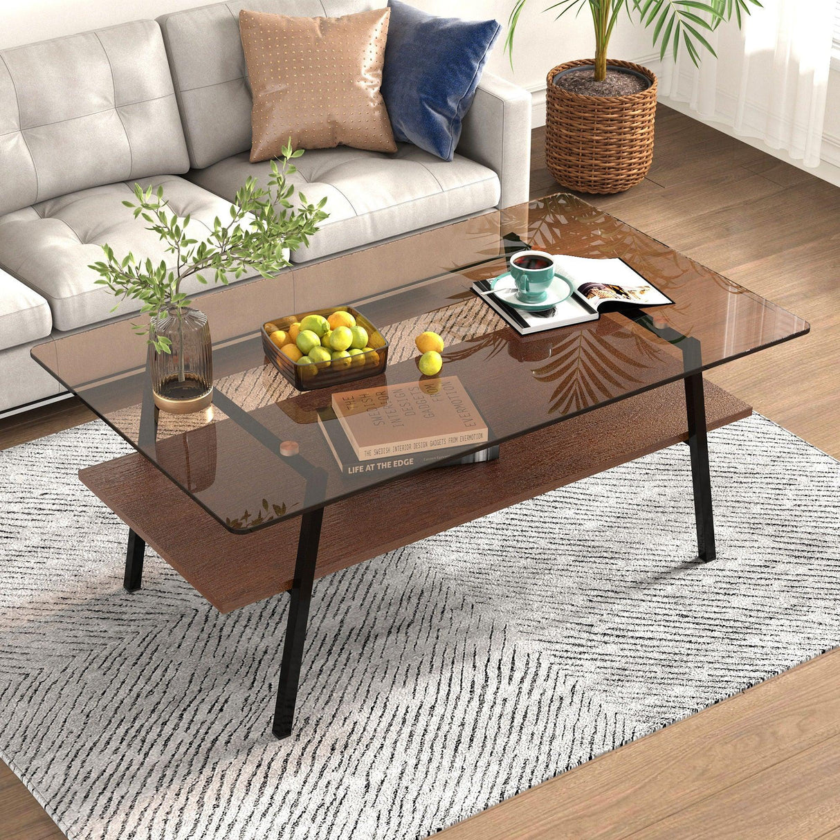 Rectangle Coffee Table, Tempered Glass Tabletop Modern Table For Living Room - Furniture Home Direct